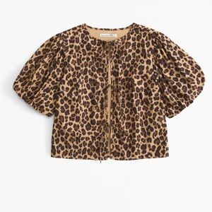 Abercrombie & Fitch Leopard Print Tie Front Puff Sleeve Crop Top Sz S